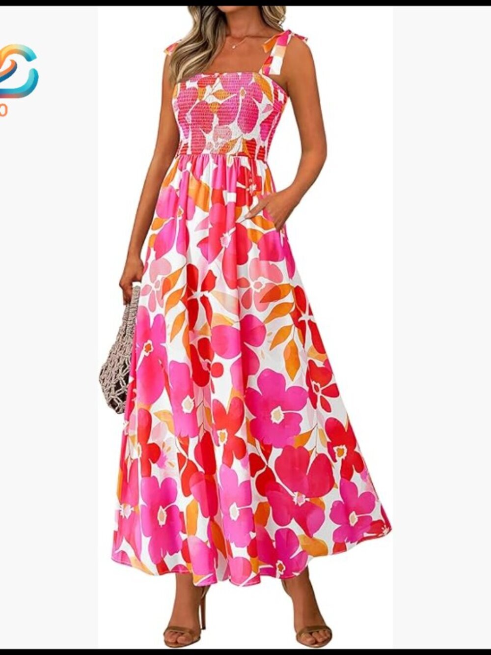 Floral Smocked Maxi Dress Sleeveless A-Line Boho Beach Sundress